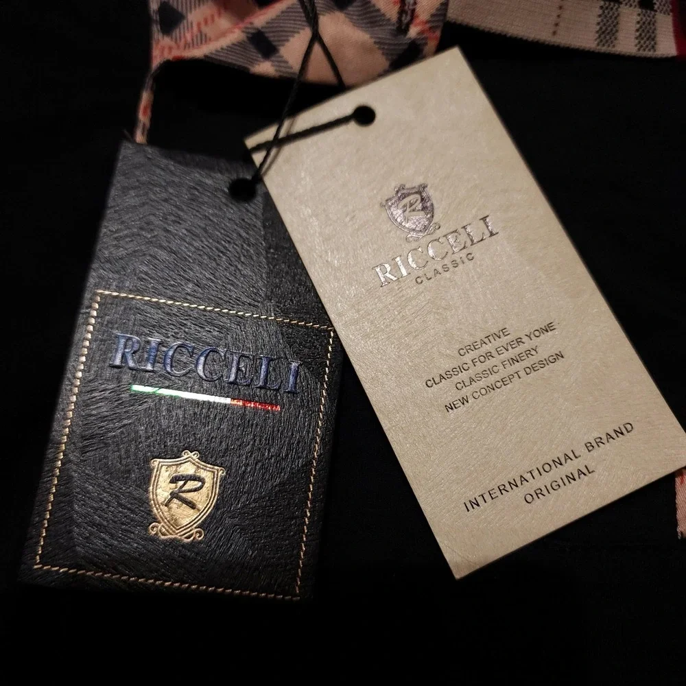 Ricceli Mens XL Black Stretch Polo Shirt NWT Plaid Collar Cotton Spandex